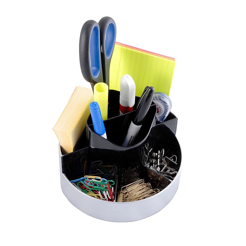 Kantek Rotating Desk Organizer, 8 Compartments, Plastic, 6 x 5.75 x 4.5, Black/Silver - Image 1